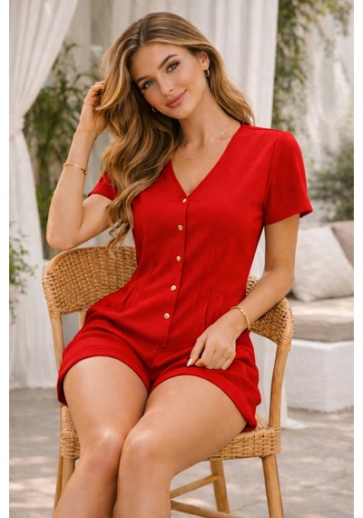 Kadın Yazlık Şort Tulum Likralı, Çıtçıtlı , Şık Ve Rahat Günlük Tulum Kırmızı