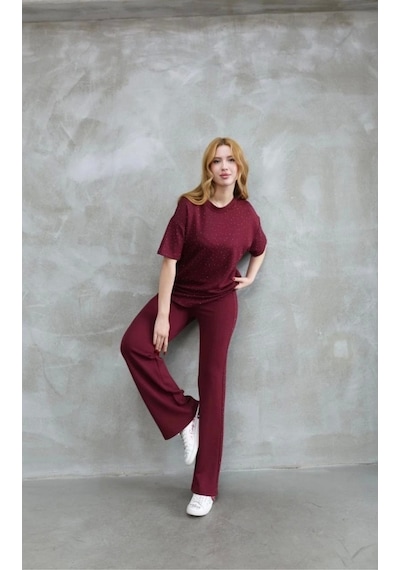 Defymoda Osy Modal Yumuşak Dokulu Kumaş Bisiklet Yaka Taş Detaylı Kısa Kollu Takım - Bordo Bordo Defymoda Osy Modal Yumuşak Dokulu Kumaş Bisiklet Yaka Taş Detaylı Kısa Kollu Takım - Bordo Bordo
