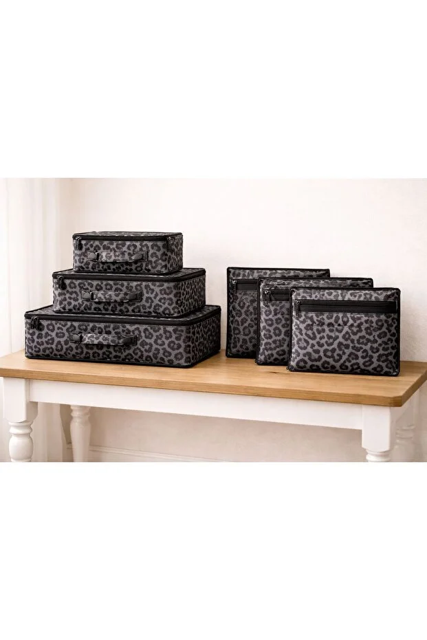 Morbebe Premium Leoparlı 6 Lı Valiz Düzenleyici Set I Seyahat Organizer Çantası I Bavul İçi Düzenleyici Siyah