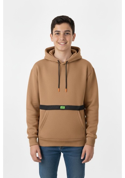 Kapşonlu Kanguru Cepli Detaylı Erkek Çocuk Sweatshirt-90837 Kahverengi