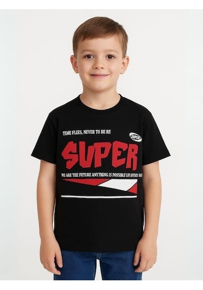 Ekkokids Çocuk Super Yazılı Pamuklu Oversize T-shirt-16016 SIYAH