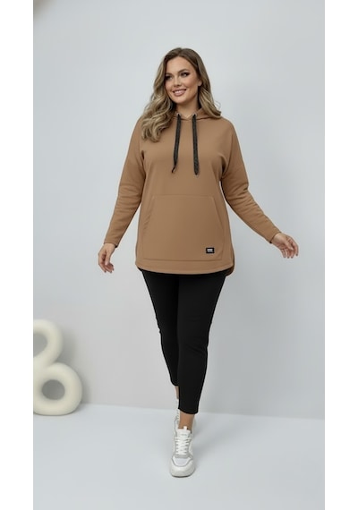 Koza Butik Kadın Büyük Beden Uzun Kollu Kapüşonlu Kanguru Cepli Sweatshirt 2016 Bej