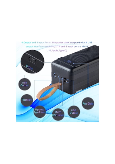 20000mah 4 Usb Çıkışlı Powerbank Type C Lightning Ve Mikro Usb Girişli El Fenerli Siyah