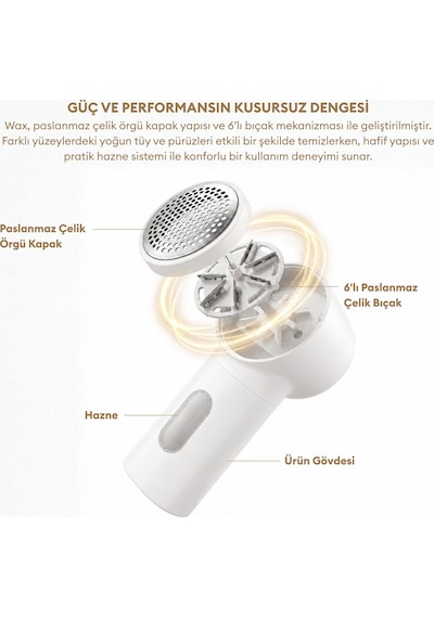 Pizen Wax Şarjlı Taşınabilir Tüy Tiftik Temizleyici 3 Kademeli Dijital Göstergeli 2 Yedek Bıçaklı Lint Roller Beyaz