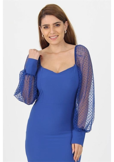 Neşeli Butik Kadın Yeni Sezon Kolları Tül Midi Boy Likralı Elbise Nb10004 Saks