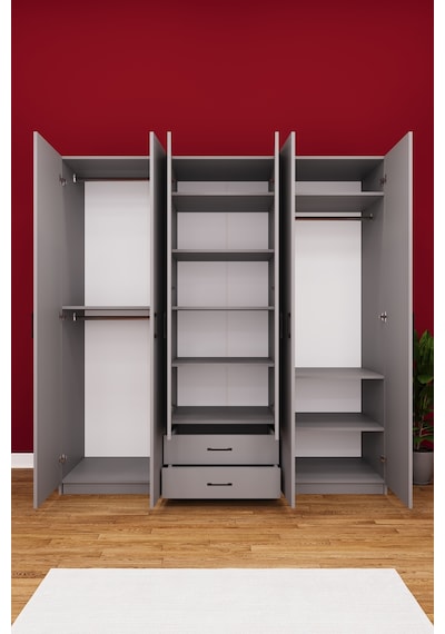 Asra Trend 6 Kapaklı Gardırop G-05 %100 MDF 2 Çekmeceli Aynalı Elbise Dolabı Kül Gri
