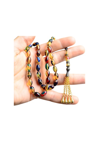 Burhan Sağlam Arpa Kesim 11 x 7 MM Ateş Kehribar Alpaka Püsküllü Tesbih Çok Renkli 12503949