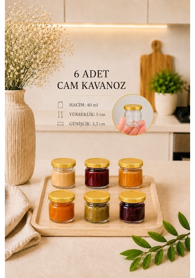6 Adet 40 Ml Metal Kapaklı Şeffaf Numune Mama Ek Gıda Şekerleme Reçellik Küçük Cam Kavanoz Gold