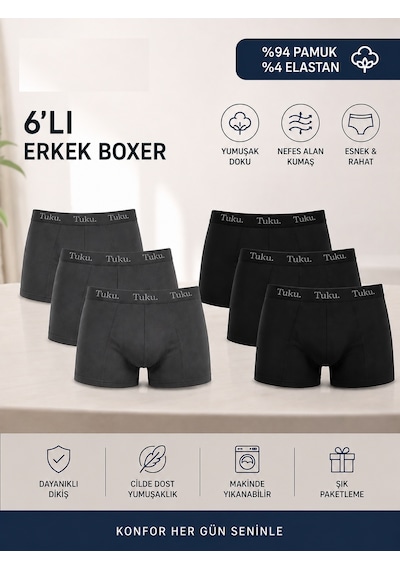 Tutku 0114 Erkek Likralı Boxer 6'lı Paket Siyah - Füme