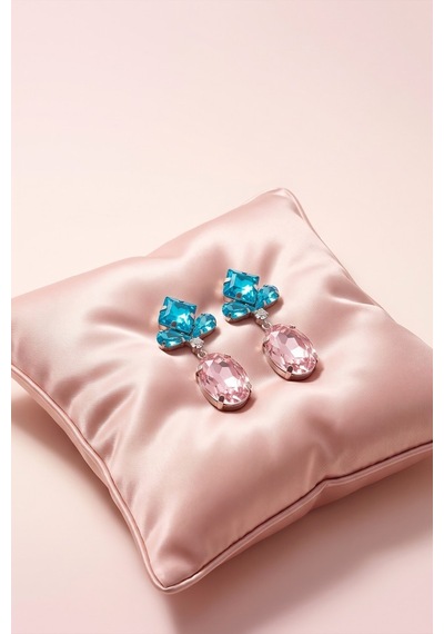 Valmont Accessories Mavi Pembe Büyük Oval Taşlı Sallantılı Işıltılı Şık Kadın Küpe