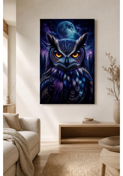 Baykuş Desenli Baskılı Cam Tablo Gizemli Gece Uv Baskı Duvar Dekoru