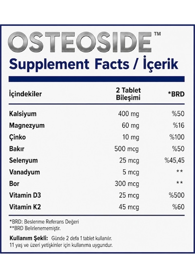 Osteoside Kalsiyum, Magnezyum, Çinko Ve D3&k2 İçeren 60 Tablet Takviye Edici Gıda
