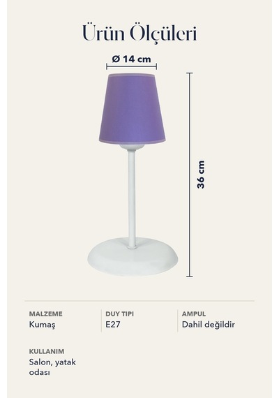 Şenay Aydınlatma Metal Ayaklı Konik Kumaş Abajur Masa Lambası 14 cm Violet