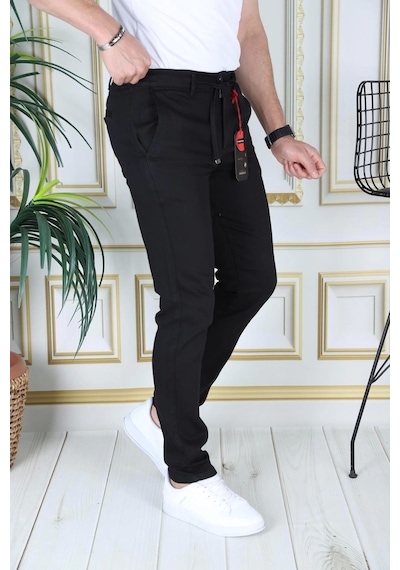Phantom Jeans Erkek Siyah Slim Fit Esnek Likralı Armürlü Keten Pantolon Bağcıklı Kemerli Beli Lastikli Şık Pantolo Siyah