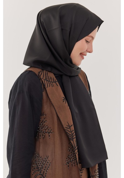 Mirsoy Scarf Kum Saten Şal - Siyah Siyah