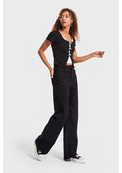 Itsbasic Kadın Siyah Renk 1w5-1 Esnek Likralı Kumaş Wide Leg Fit İç Boy 80cm Denim Jean