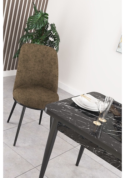 Canisa Concept Nil Serisi 70x110 Sabit Mutfak Masası Takımı Siyah Mermer Desen Masa 4 Kahverengi Sandalye Kahverengi