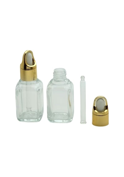 Şeffaf Köşeli Cam Şişe Gold Kilitli Damlalıklı Kapak 35 Ml 3000 Adet