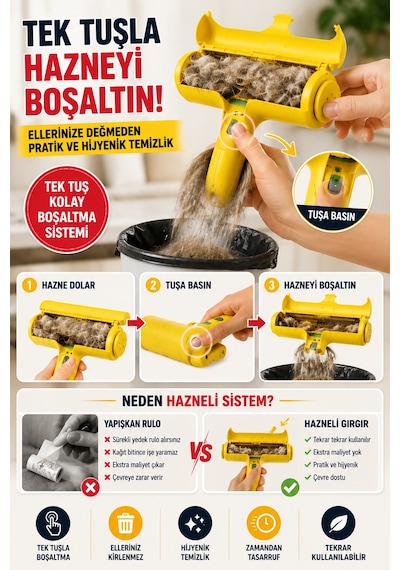 Hazneli Tekrar Kullanılabilir Tüy Toz Saç Toplama Gırgırı Yapışkansız Kumaş Temizlik Rulosu Ev Tipi Sarı