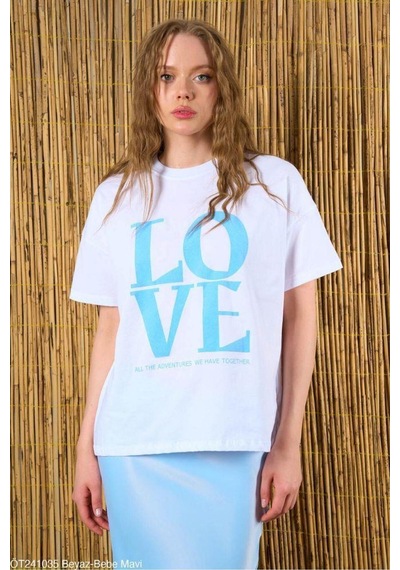 Kadın Beyaz-Mavi Love Baskılı Oversize %100 Pamuk T-Shirt