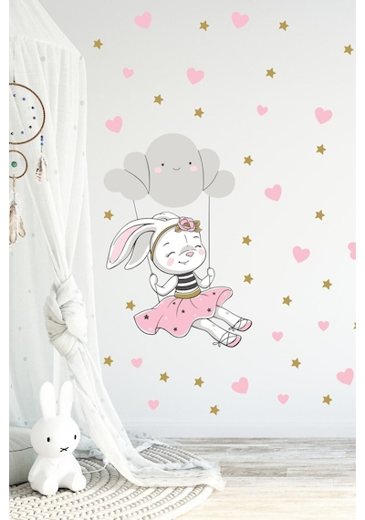 Salıncakta Neşeli Tavşan Duvar Sticker Seti