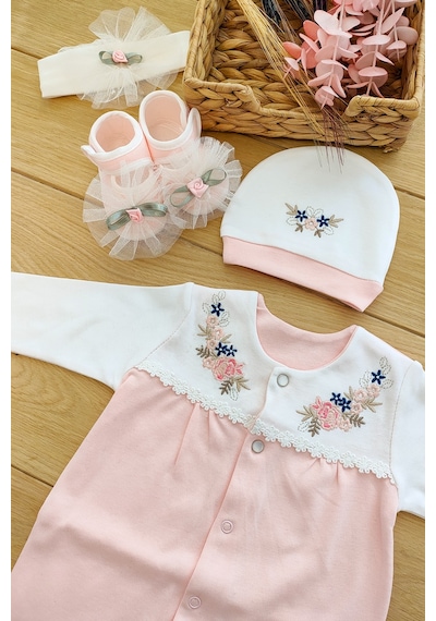 Sitilin Kız Bebek Pembe 10'lu Hastane Çıkışı Natural İşlemeli Set Stl4663 Ekru