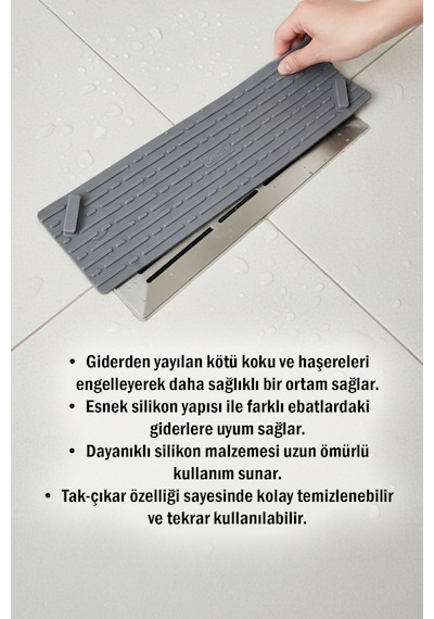 Gri Uzun Silikon Kötü Koku Önleyici Mat Gider Kapağı Tıpası Banyo, Mutfak Ve Balkon Lavabo Gider 37x11 Cm