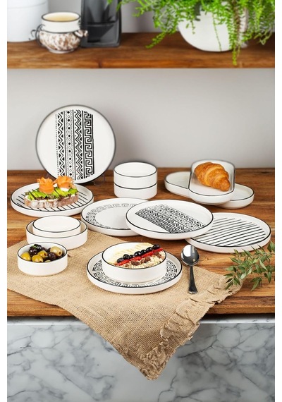 14 Parça 6 Kişilik Stackable Sio Savior Kahvaltı Takımı - Lüx Kahvaltılık Sunum Seti Tabağı,siyah Beyaz Üçgenli Etnik Diğer