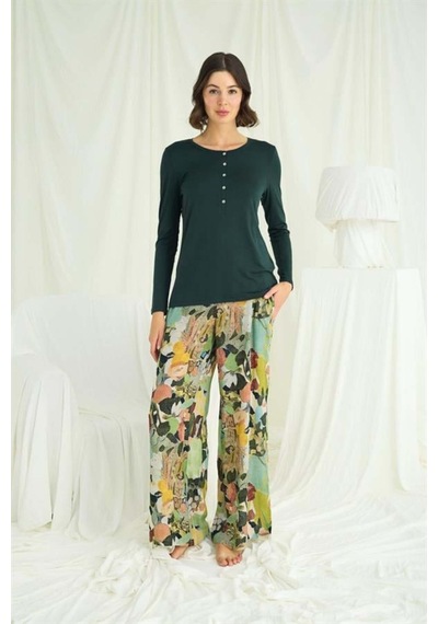Lisinya Çiçek Ve Yaprak Desenli Pijama Takımı Yeşil