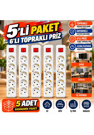 5'li Paket 6'lı Topraklı Grup Priz Kasası Anahtarlı Aç Kapat Düğmeli Beyaz Çoklu Priz Kablosuz Ev Ofis Iş Yeri Için 0