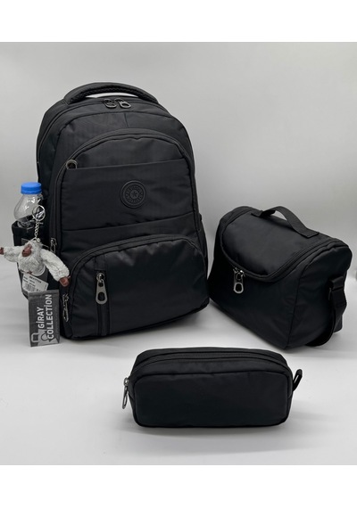 İlk Okul Çantası 3'lü Seti Unisex Çocuk İlkokul Çantası Gry-8010 Siyah Siyah