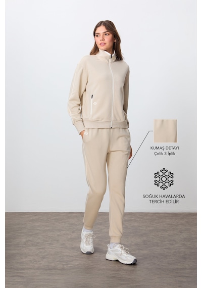 Tommy Life Bej Kompakt Pamuklu Kalın Pürüzsüz Dokulu Dik Yaka Oversize Fit Kadın Eşofman Takım - 95340 Bej