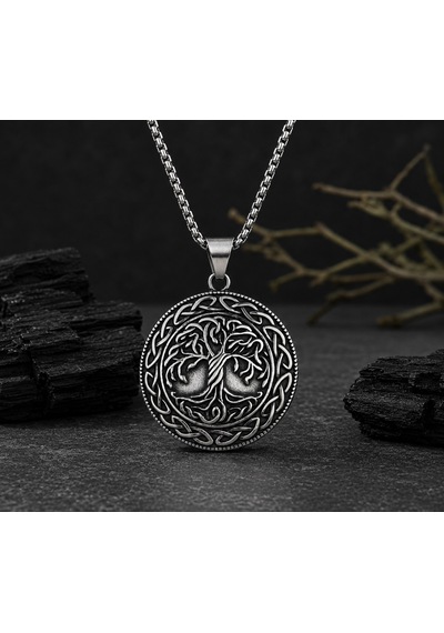 Çift Taraflı Kullanım Nordic Yggdrasil Yaşam Ağaç Viking Pusula Kolye Antik Gümüş