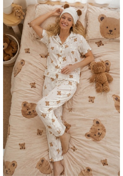 Ayıcık Desenli Bürümçük Kumaş Kısa Kollu Pijama Takımı 6068 Kırık Beyaz