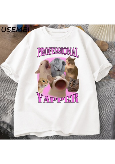 Flood Of Style Professional Yapper Cat Graphic T Shirts Women Men Cotton Short Sleeve T-shirts Casual O Neck Beyaz