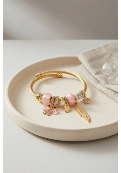 Kelebek Model Gold Renk Pembe Charmlı Bileklik 6446404