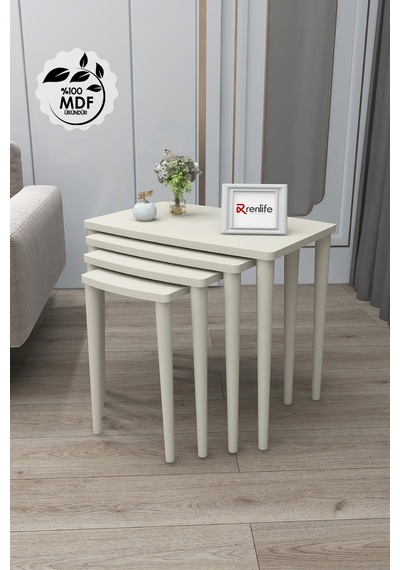 Renlife 4 Lü Ahşap Zigon Sehpa Takımı Krem Lake Boyalı Krem Krem Krem Ayaklı