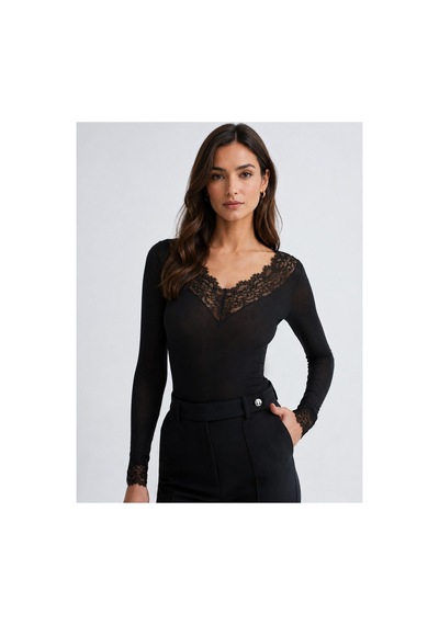 Unika Boutique Dantelli Kaşmir Uzun Kollu Bluz SIYAH