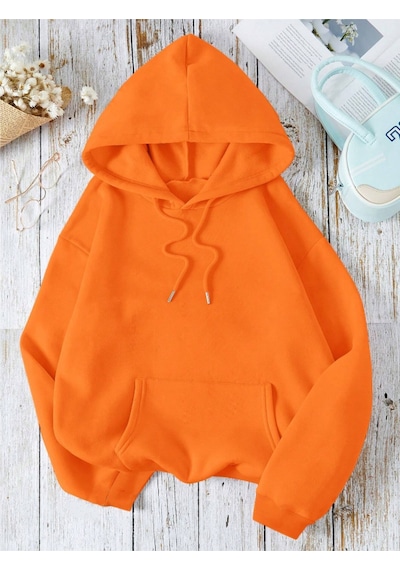 Startmore Turuncu Unisex Kadın/erkek Düz Renkli Pamuklu Oversize Kapüşonlu