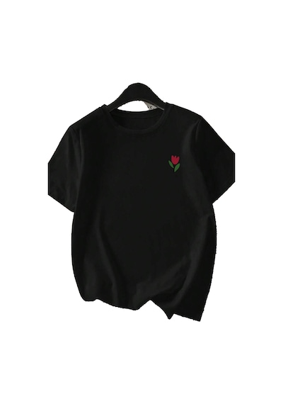 Spoyi Lale Bahçesi Tasarımlı %100 Pamuk Yarım Oversize Siyah T-shirt