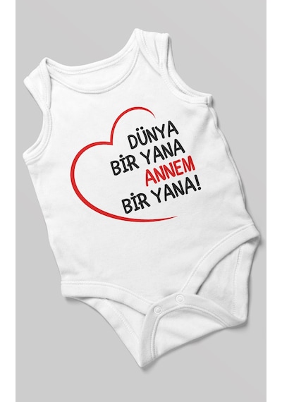 Morivokids Dünya Bir Yana Annem Bir Yana Sıfır Kollu Bebek Zıbını %100 Pamuk Beyaz