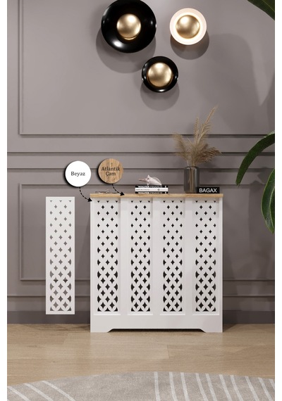Dekoratif Petek Dolabı Kalorifer Peteği Kapatma Ünitesi Modern Tasarım İç Ölçü 76 Cm Dış Ölçü 80 Cm Petek 76 Beyaz Üstü Çam D11
