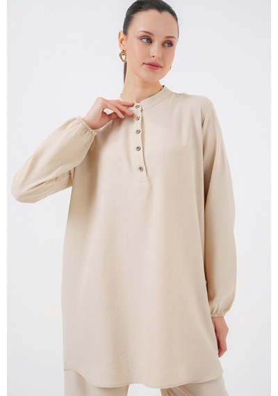 Bigdart 6678 Keten Tunik Pantolon İkili Takım - Bej
