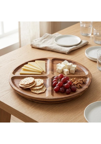 4 Bölmeli 360 Dönerli Akasya Ahşap Sunum Tabağı, 30 Cm Çap, 2,2 Cm Kalınlık, Yuvarlak Servis Tepsisi, Peynir, Kuruyemiş Ve Atıştırmalık İçin, 1 Adet