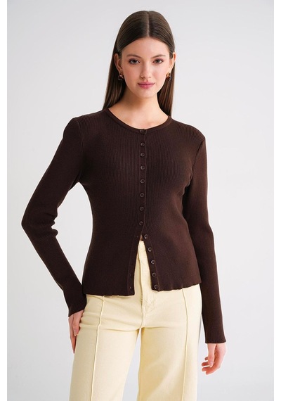 Hiccup Mixray Düğmeli Slim Fit Yivli Örgü Hırka Kahve Kahvesi