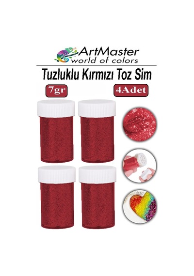 Toz Sim Kırmızı 4 Adet 7 Gr Tuzluklu Etkinlik Ders Okul Slime Dekorasyon Renkli Toz Sim Dekor Süsleme
