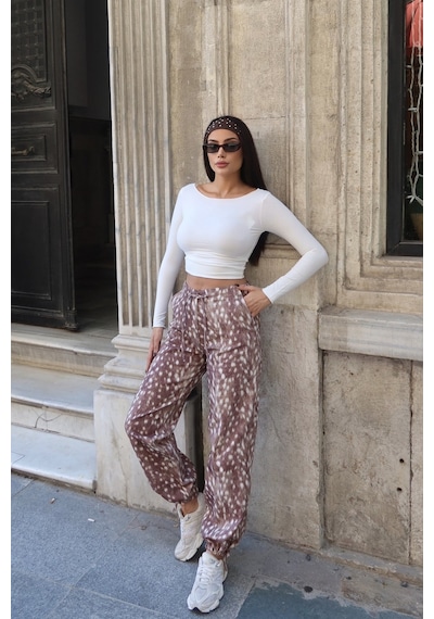 Kechi Woman Kadın Gabardin Ceylan Desenli Beli Lastikli Jogger Pantolon Kw3166