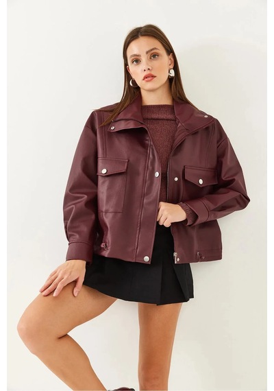 August Yanlardan Büzgü Detaylı Deri Ceket - Oversize Bordo Bordo