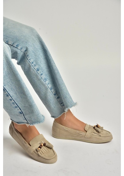 Fox Shoes Y602347002 Bej Süet Püsküllü Kadın Günlük Ayakkabı Bej