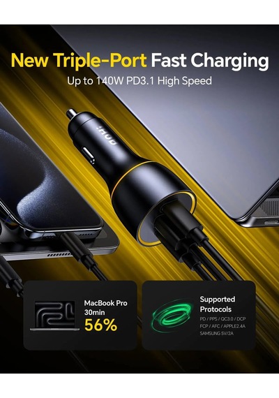 Ayrex Superauto Araç İçi Şarjı, 3 Portlu Pd 170w Type-c To Type-c, Usb, Hızlı Şarj Çakmaklık Adaptörü, Siyah